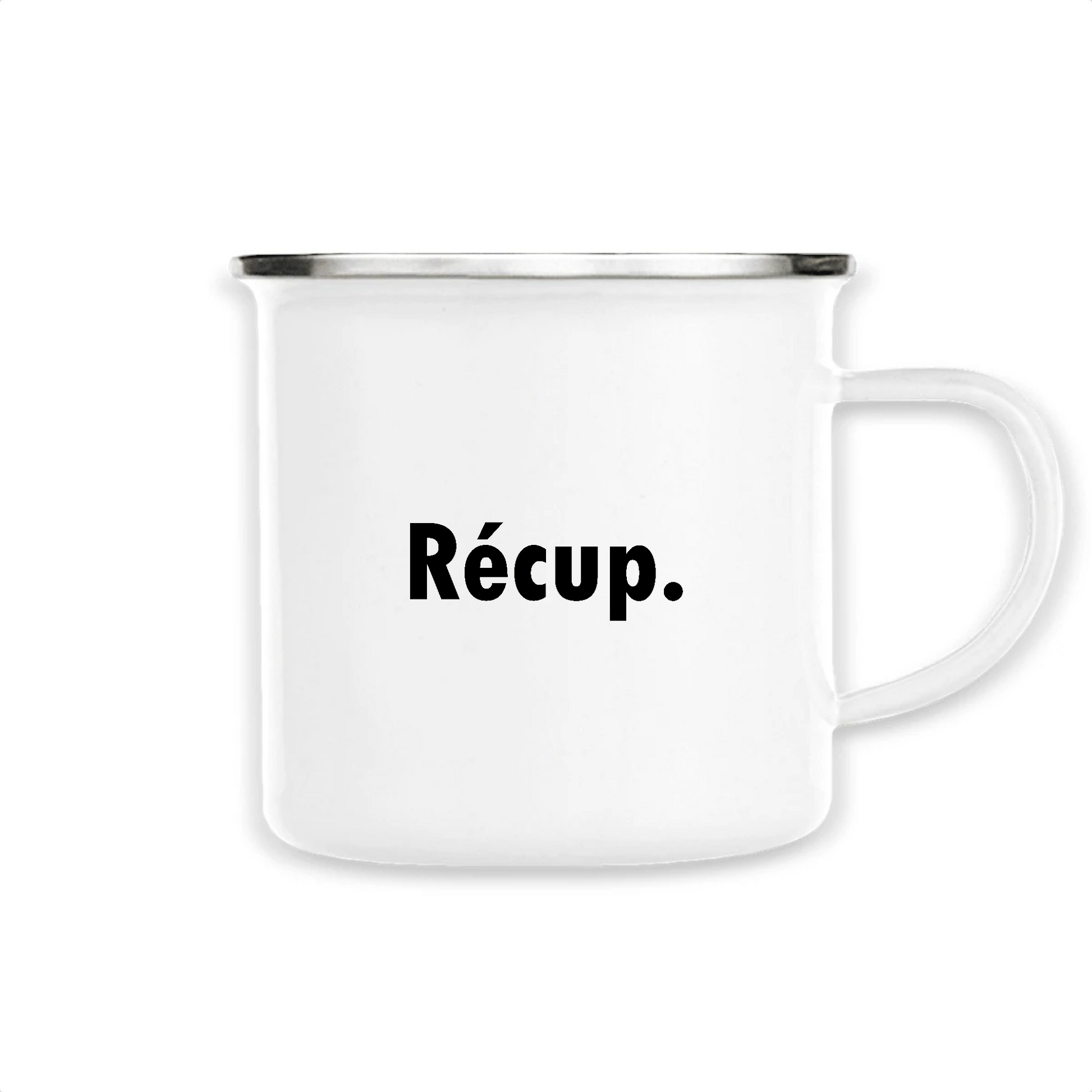 Mug métal émaillé Sortie Longue blanc, vue produit, inscription minimaliste « Récup. » imprimée, mug utilisé pour les temps de pause et de récupération après la sortie.