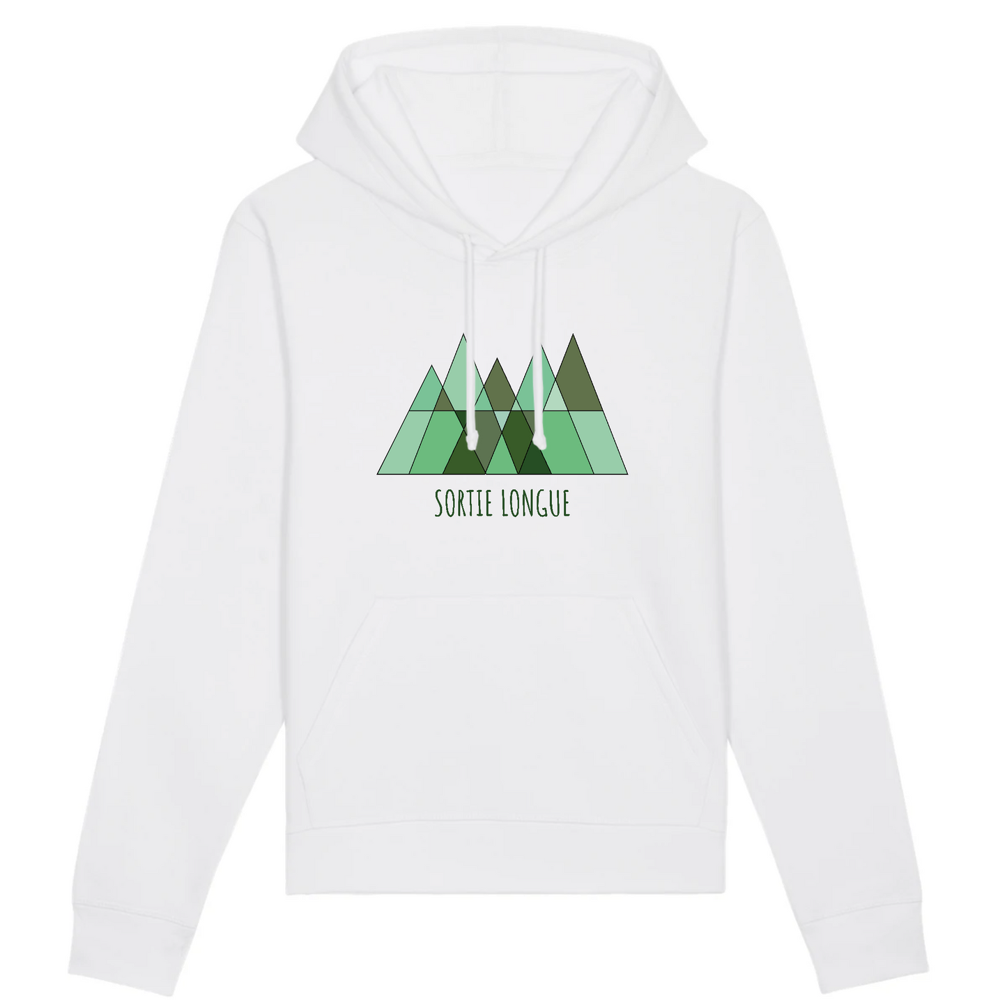 Sweat à capuche unisexe blanc Sortie Longue, vue de face, logo montagne et forêt vert imprimé au centre, porté pour départ matinal en montagne et approches par temps frais.