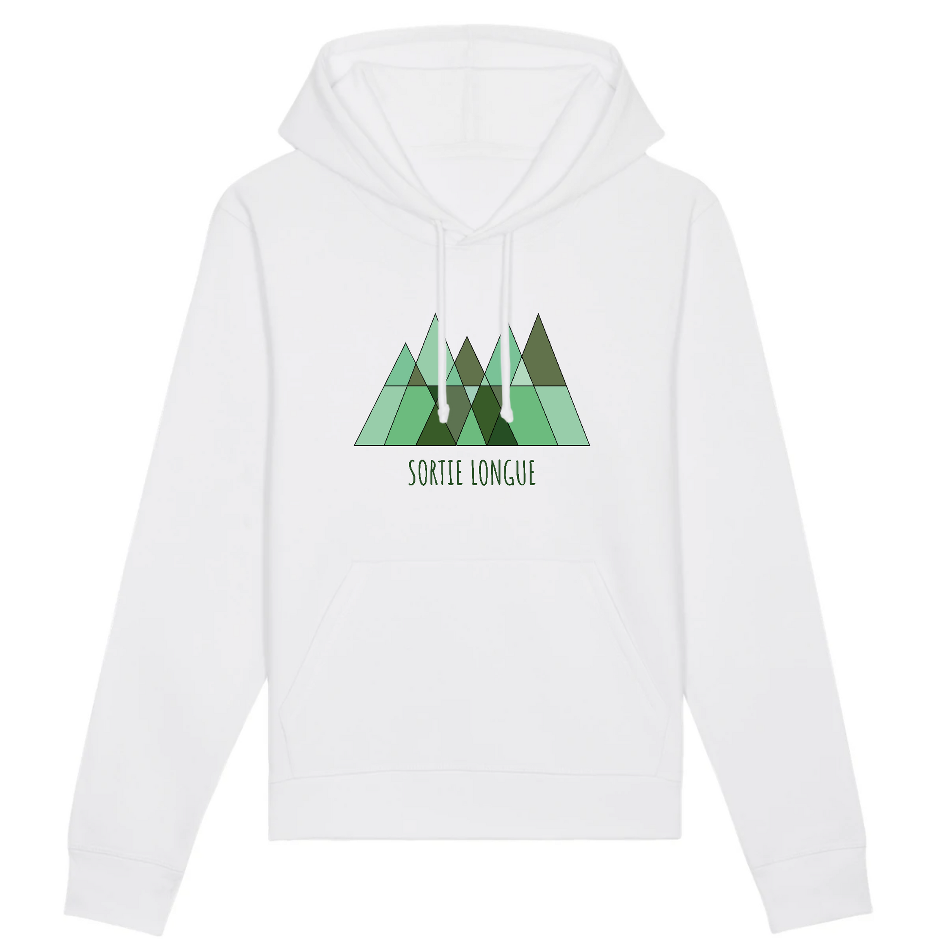 Sweat à capuche unisexe blanc Sortie Longue, vue de face, logo montagne et forêt vert imprimé au centre, porté pour départ matinal en montagne et approches par temps frais.