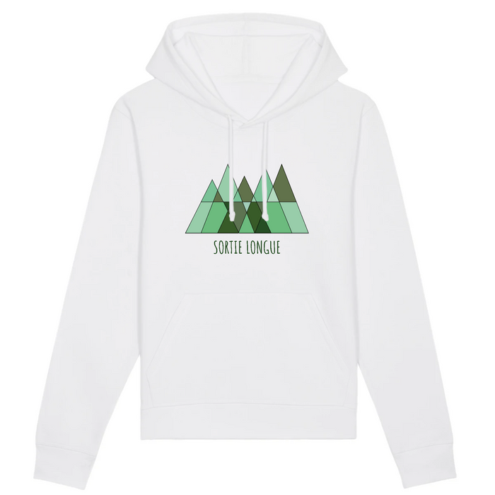 Sweat à capuche unisexe blanc Sortie Longue, vue de face, logo montagne et forêt vert imprimé au centre, porté pour départ matinal en montagne et approches par temps frais.