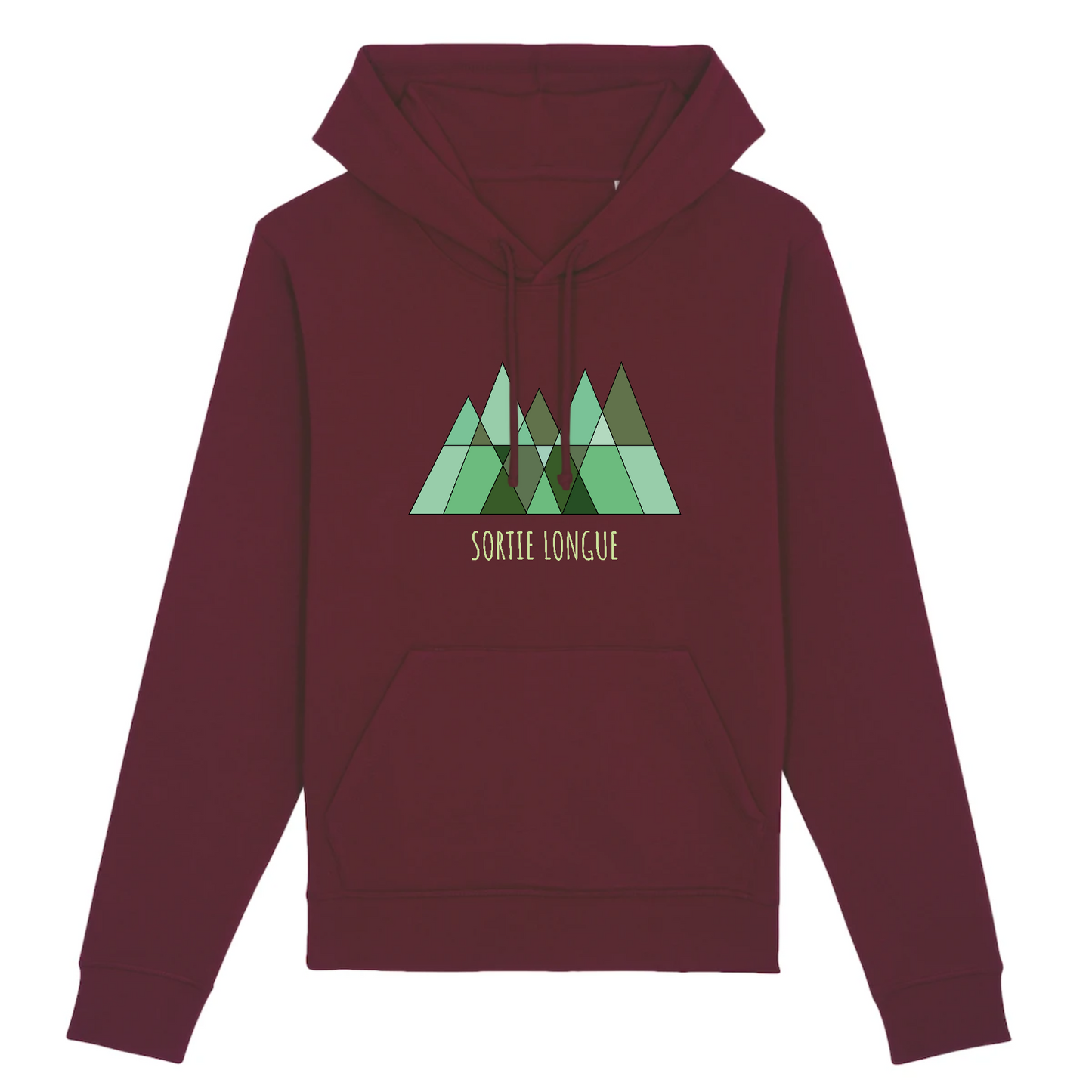 Sweat à capuche unisexe bordeaux Sortie Longue, photo produit vue de face, logo montagne et forêt vert au centre, hoodie outdoor sobre pour matinées fraîches, approche et retour tardif.