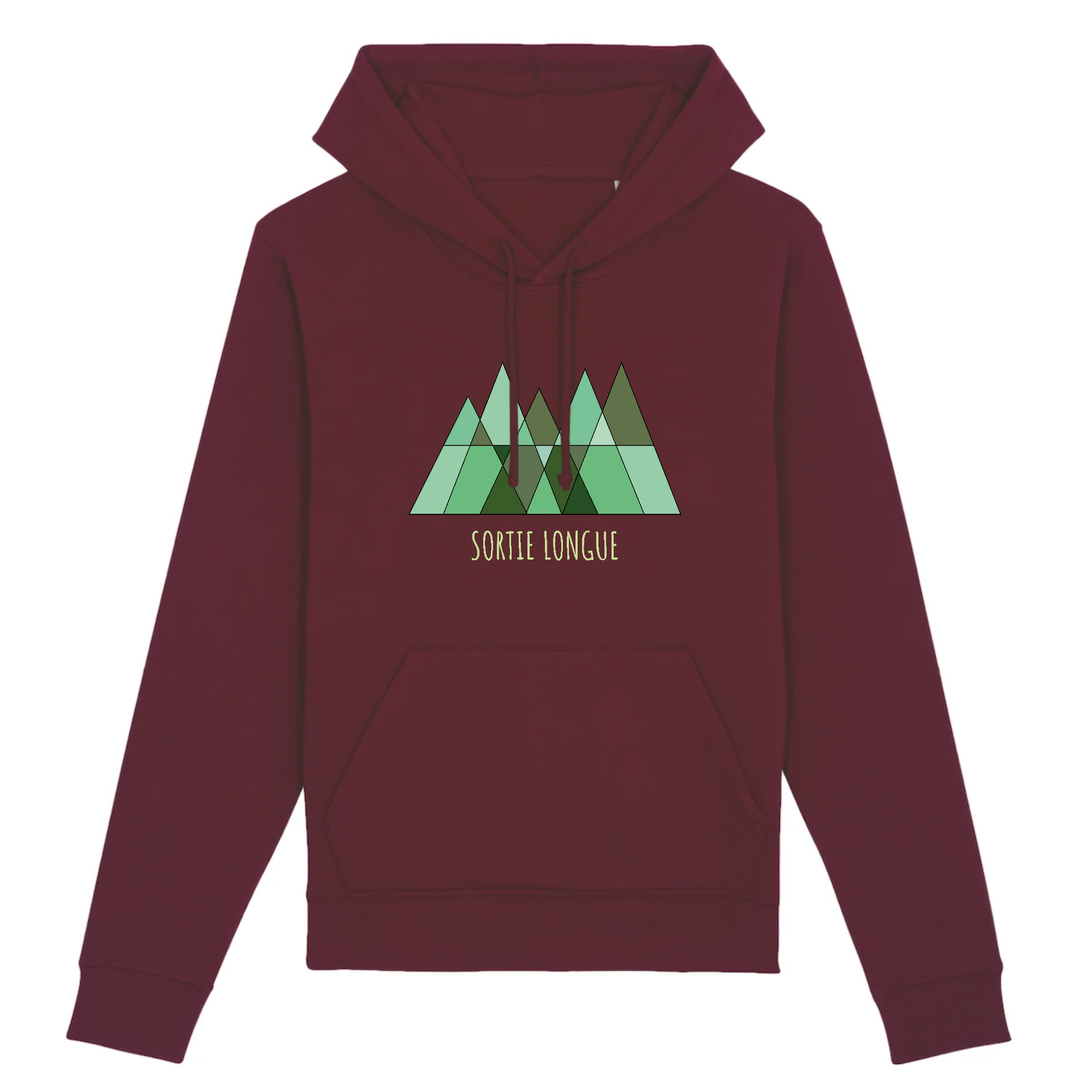 Sweat à capuche unisexe bordeaux Sortie Longue, photo produit vue de face, logo montagne et forêt vert au centre, hoodie outdoor sobre pour matinées fraîches, approche et retour tardif.