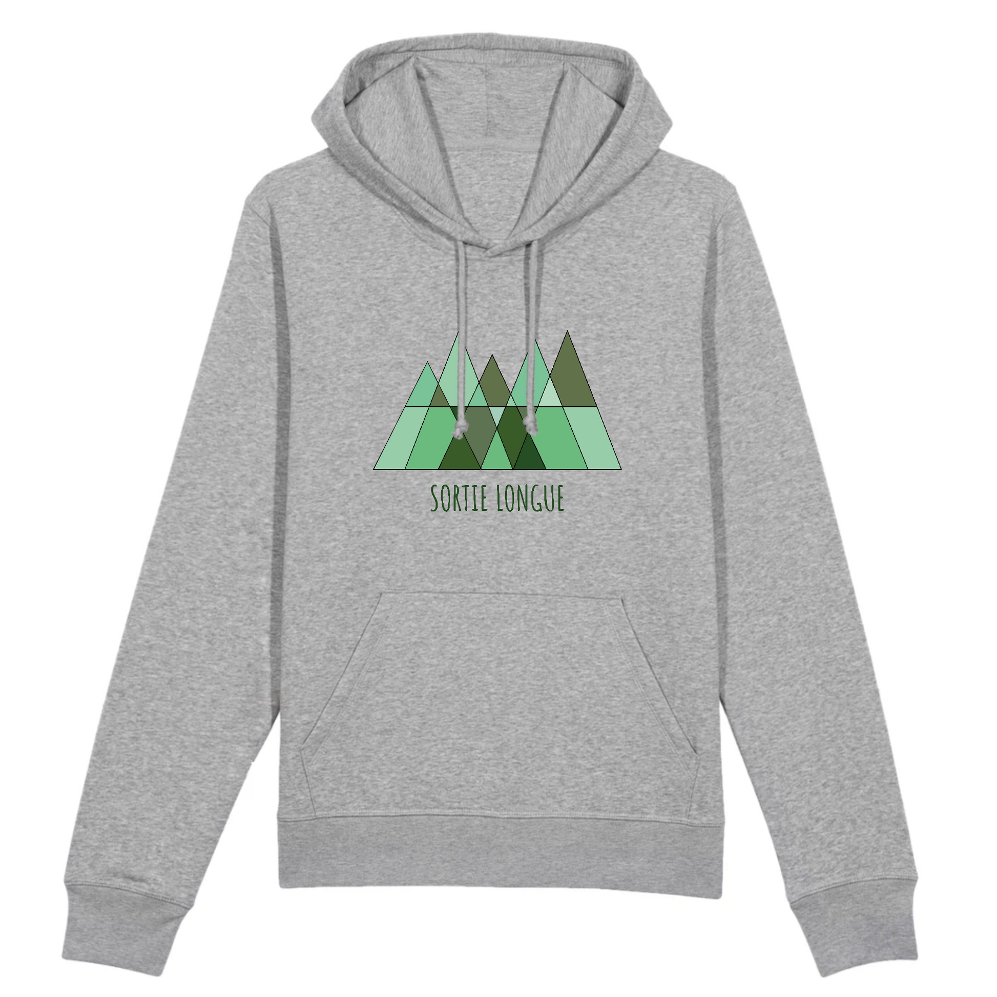 Sweat à capuche unisexe gris chiné Sortie Longue, vue de face sur fond neutre, logo montagne et sapins verts imprimé au centre, repère sobre d’orientation pour usages outdoor avant ou après sortie.