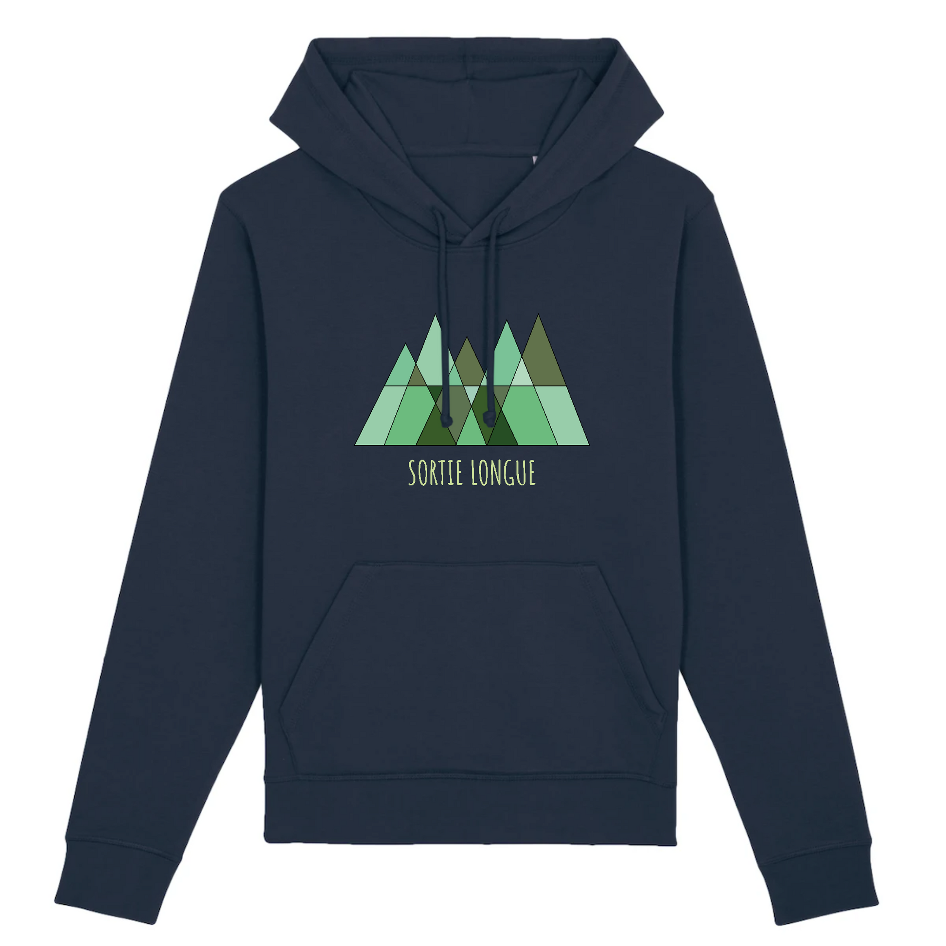 Sweat à capuche unisexe bleu marine Sortie Longue, vue de face, logo montagne et forêt imprimé au centre, utilisé en fin de journée au frais, sur trajets, pauses et retours de massif.