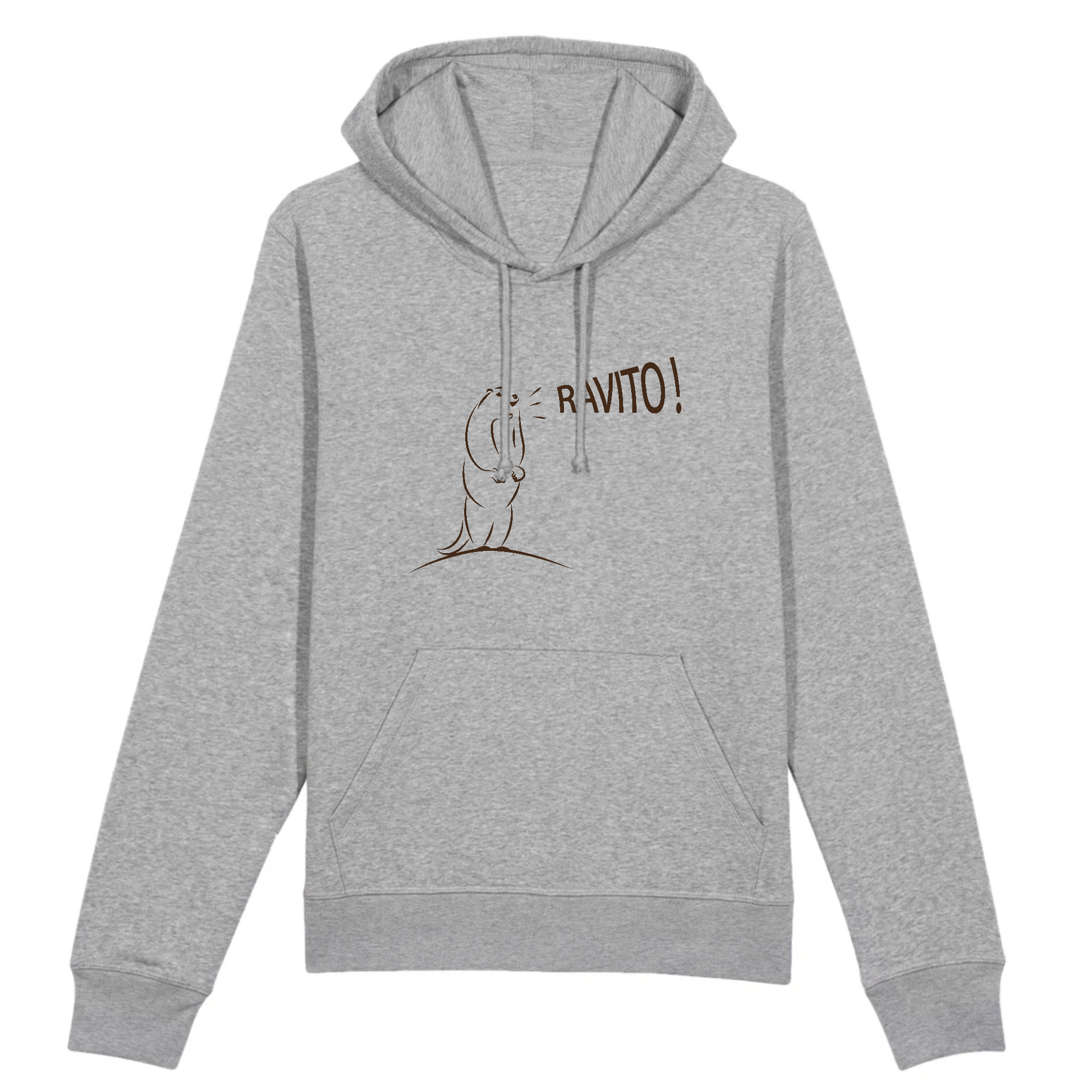 Sweat à capuche unisexe gris chiné Sortie Longue, photo produit face, dessin marmotte et texte “Ravito !” centré, évocation base-vie et point d’eau sur course de trail.