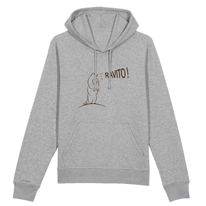 Sweat à capuche unisexe gris chiné Sortie Longue, photo produit face, dessin marmotte et texte “Ravito !” centré, évocation base-vie et point d’eau sur course de trail.