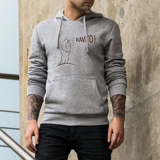 Sweat à capuche unisexe gris Sortie Longue porté en extérieur, vue de face, motif marmotte “Ravito !” visible, hoodie trail lié aux pauses ravitaillement et à l’après-sortie en montagne.