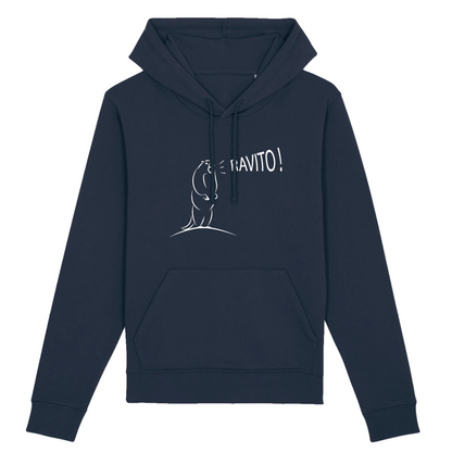 Sweat à capuche unisexe bleu marine Sortie Longue, vue de face, impression claire marmotte “Ravito !” au centre, vêtement de trail pour pause, ravitaillement et retour quand l’air refroidit.