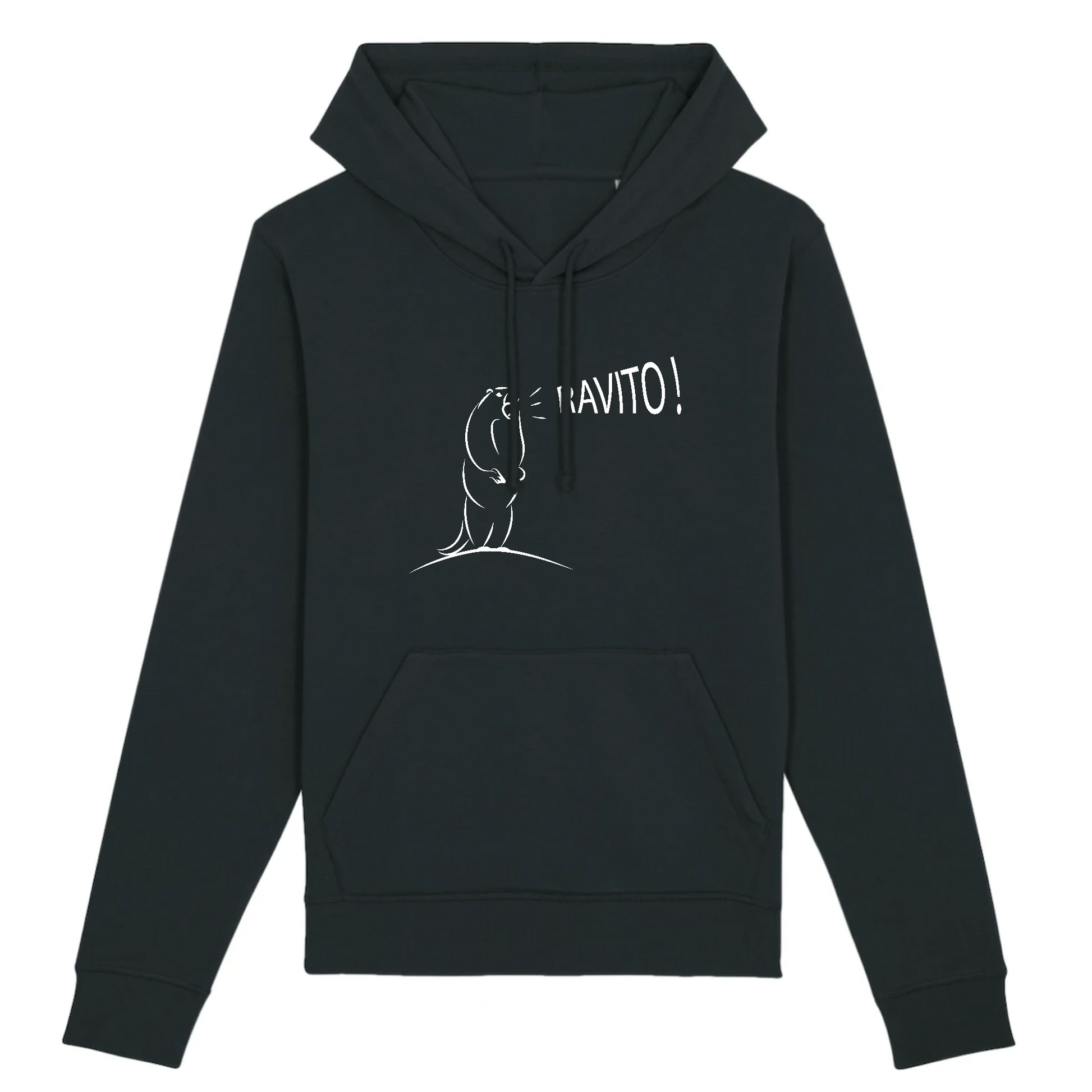Sweat à capuche unisexe noir Sortie Longue, photo produit face, design marmotte “Ravito !” en impression claire, hoodie outdoor associé aux tables de ravito, pause courte et retour de sentier.