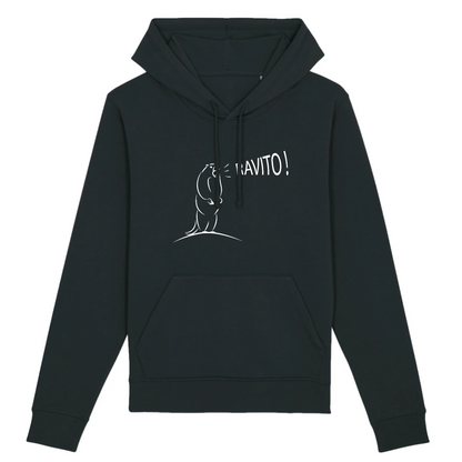 Sweat à capuche unisexe noir Sortie Longue, photo produit face, design marmotte “Ravito !” en impression claire, hoodie outdoor associé aux tables de ravito, pause courte et retour de sentier.