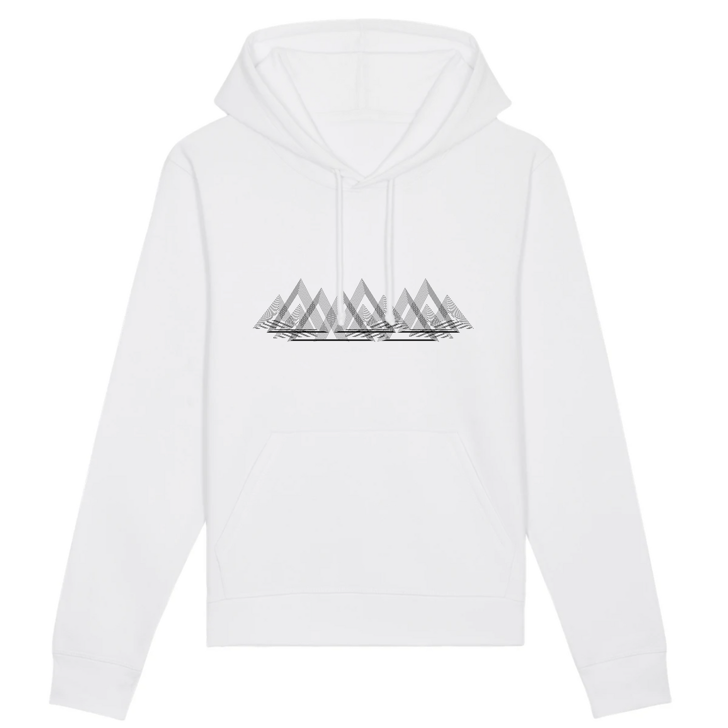 Sweat à capuche unisexe blanc Sortie Longue, vue de face sur fond neutre, design Montagnes Épurées en triangles et lignes fines type courbes de niveau, porté pour départ frais et retour de montagne.