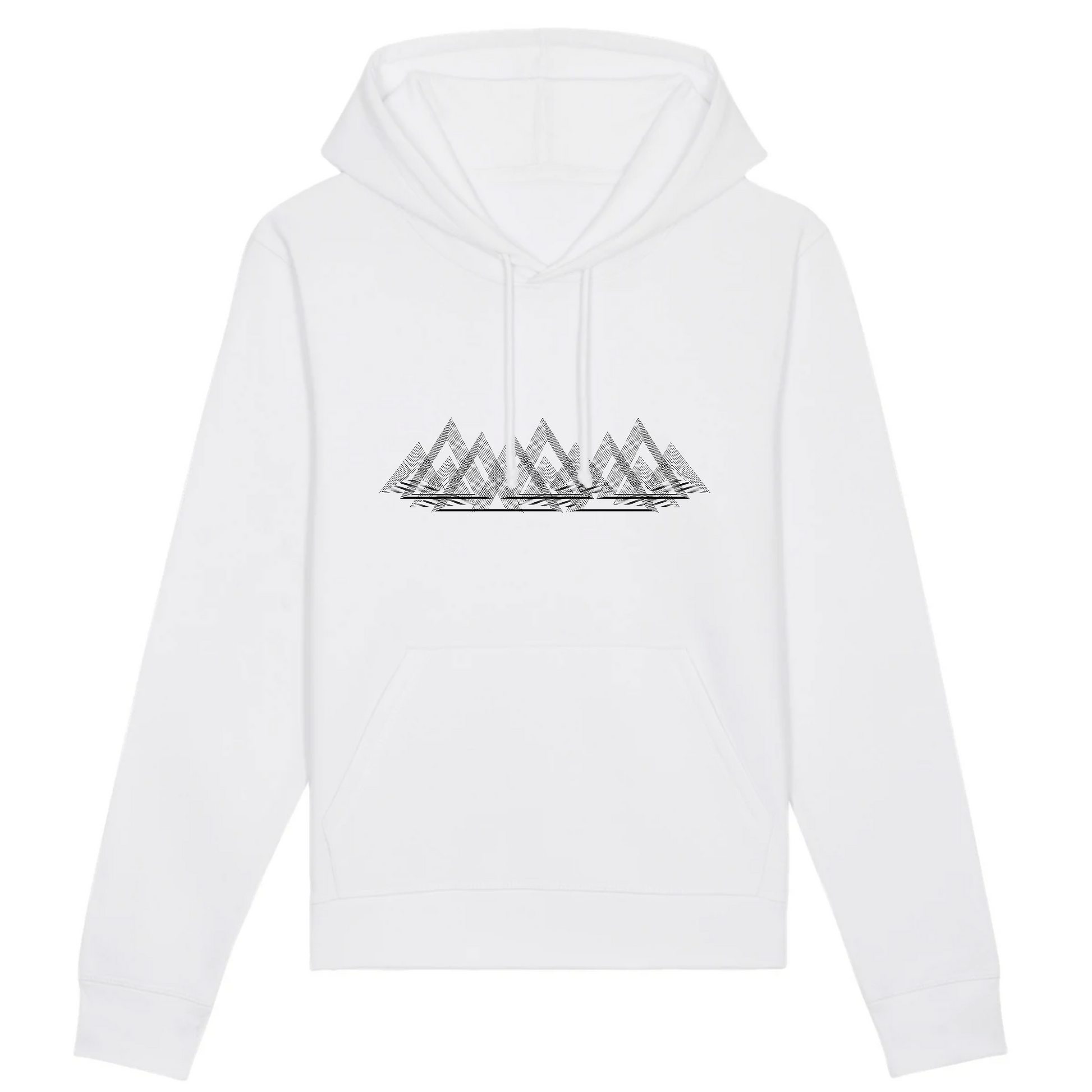 Sweat à capuche unisexe blanc Sortie Longue, vue de face sur fond neutre, design Montagnes Épurées en triangles et lignes fines type courbes de niveau, porté pour départ frais et retour de montagne.