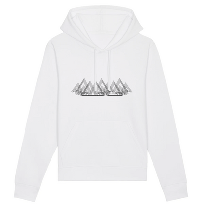Sweat à capuche unisexe blanc Sortie Longue, vue de face sur fond neutre, design Montagnes Épurées en triangles et lignes fines type courbes de niveau, porté pour départ frais et retour de montagne.