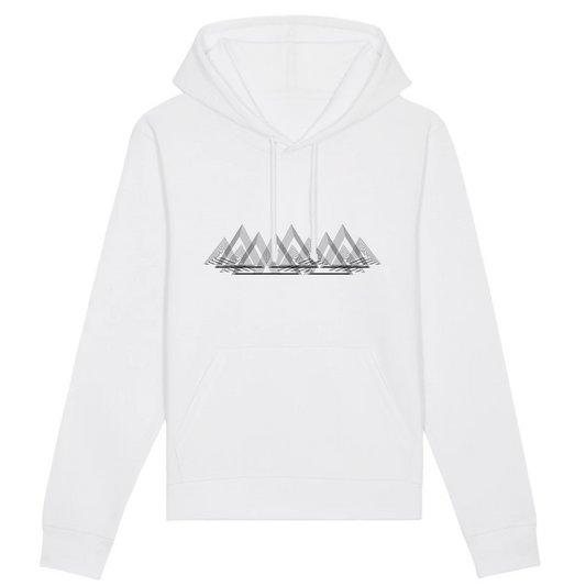 Sweat à capuche unisexe blanc Sortie Longue, vue de face sur fond neutre, design Montagnes Épurées en triangles et lignes fines type courbes de niveau, porté pour départ frais et retour de montagne.