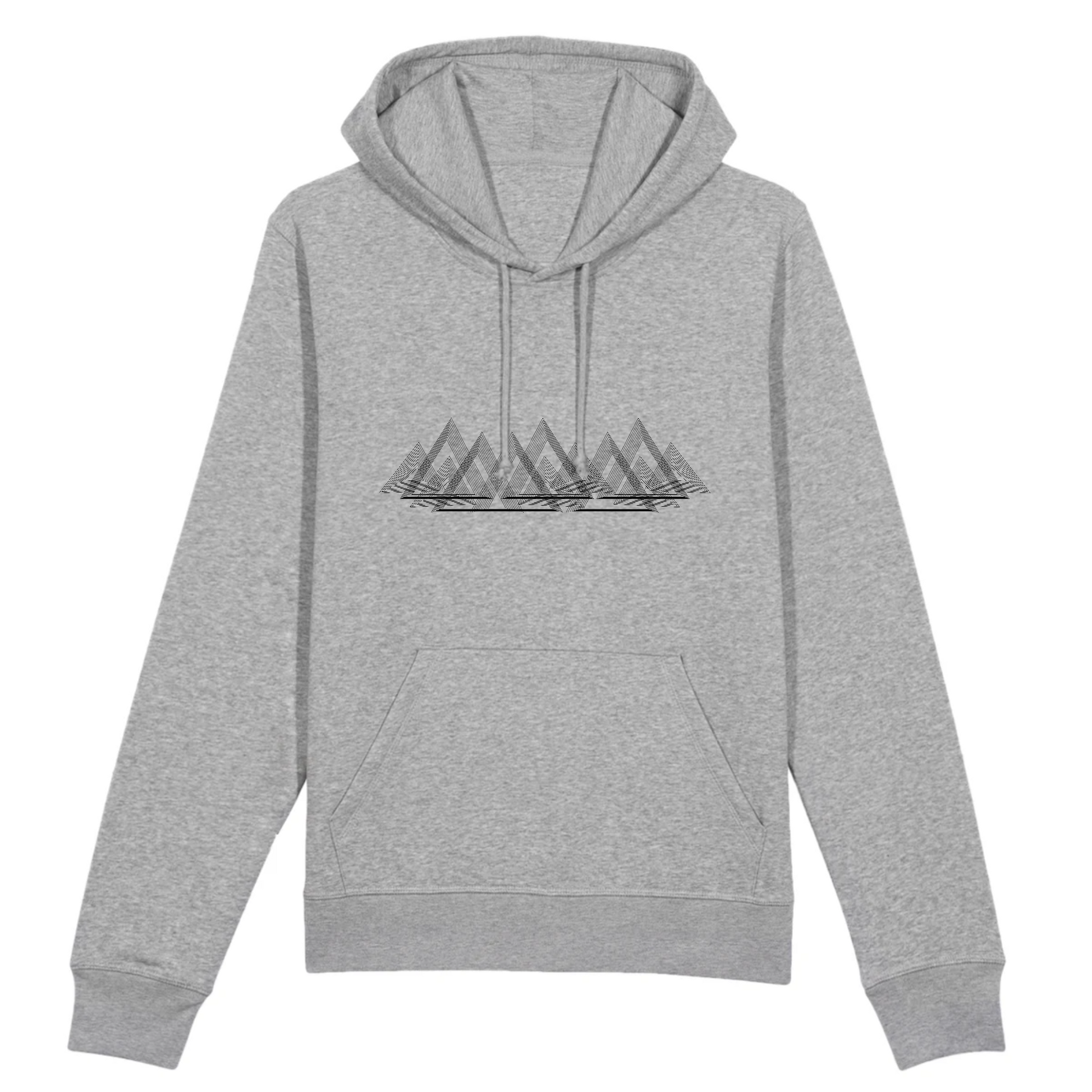 Sweat à capuche unisexe gris chiné Sortie Longue, photo produit face, design montagnes géométriques en lignes fines évoquant une carte topo, repère de relief pour usages avant ou après sortie.