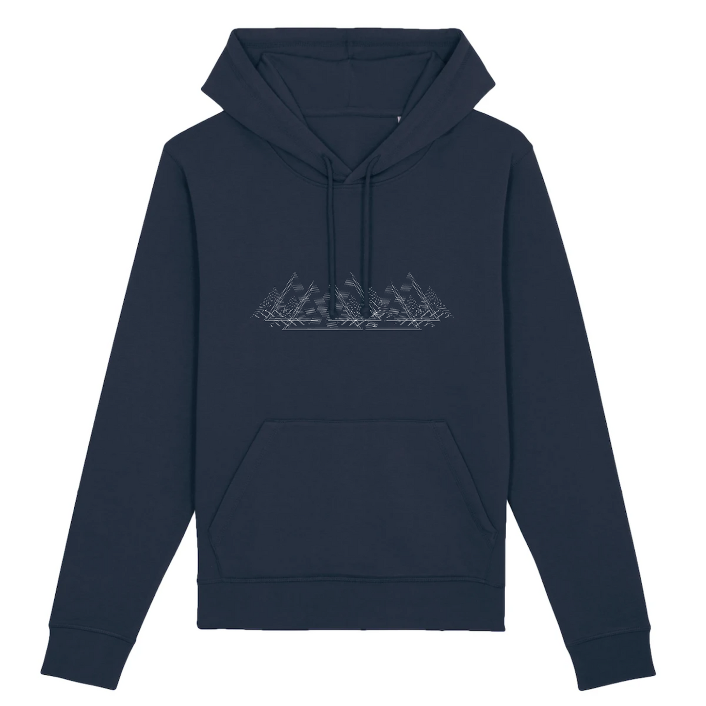 Sweat à capuche unisexe bleu marine Sortie Longue, vue de face, dessin de crêtes en triangles et contours striés, inspiration topographie et pente, porté quand un t-shirt ne suffit plus.