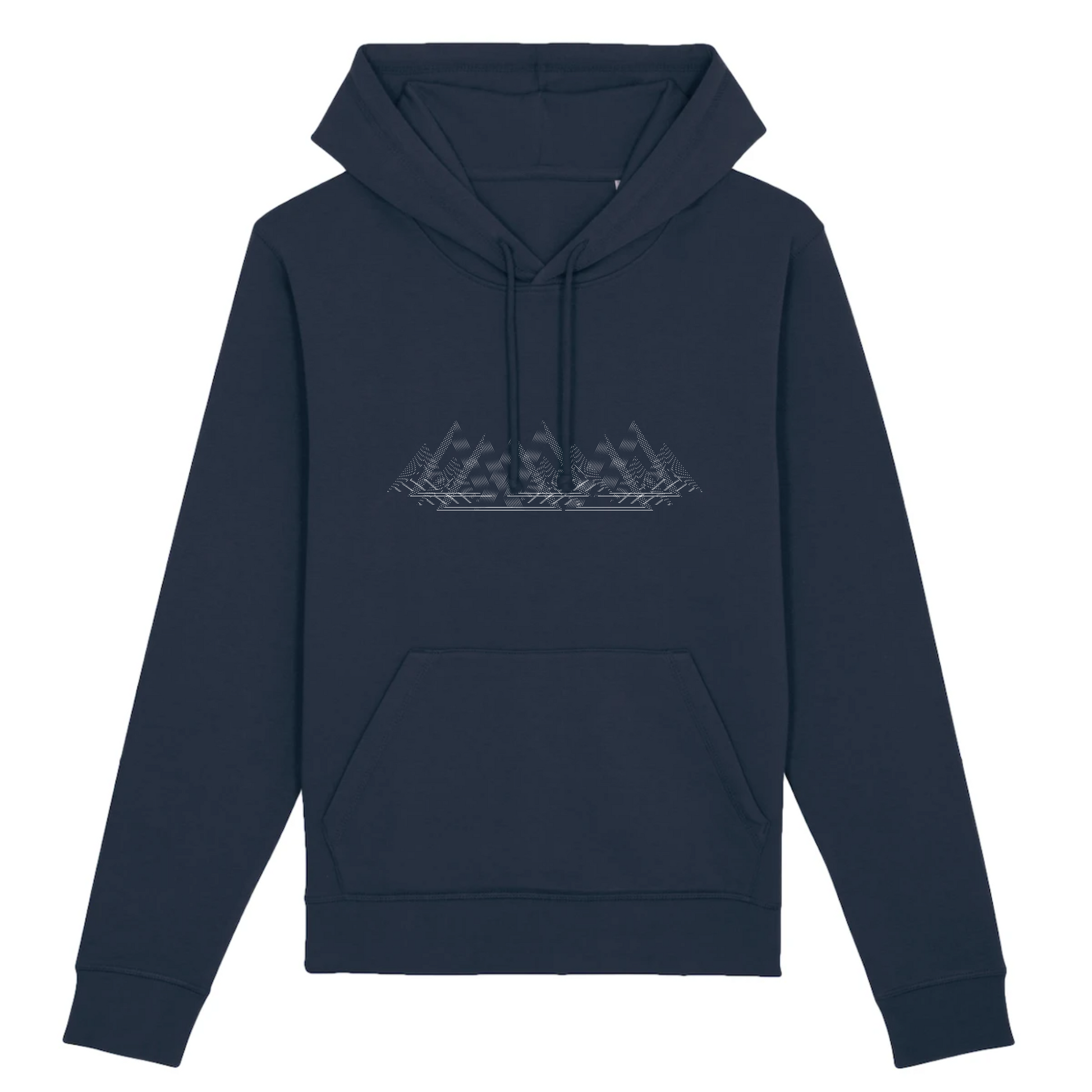 Sweat à capuche unisexe bleu marine Sortie Longue, vue de face, dessin de crêtes en triangles et contours striés, inspiration topographie et pente, porté quand un t-shirt ne suffit plus.