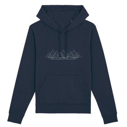 Sweat à capuche unisexe bleu marine Sortie Longue, vue de face, dessin de crêtes en triangles et contours striés, inspiration topographie et pente, porté quand un t-shirt ne suffit plus.