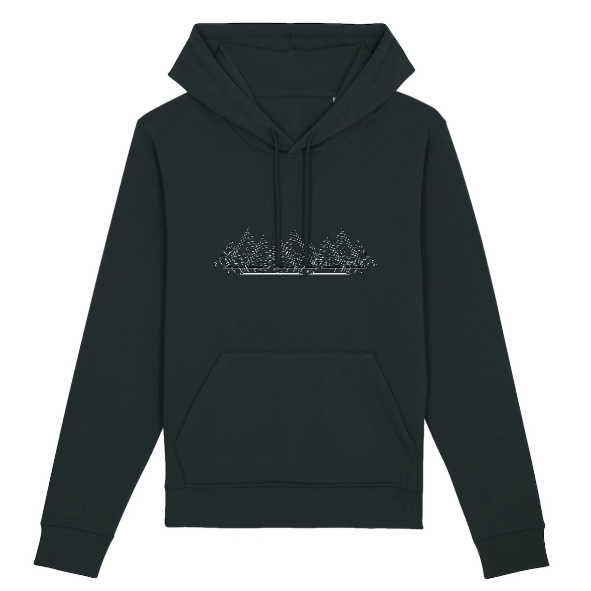 Sweat à capuche unisexe noir Sortie Longue, vue de face sur fond neutre, design montagnes minimalistes en lignes fines type courbes de niveau, hoodie de montagne pour approche, pause et fin de journée.