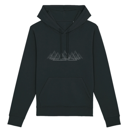 Sweat à capuche unisexe noir Sortie Longue, vue de face sur fond neutre, design montagnes minimalistes en lignes fines type courbes de niveau, hoodie de montagne pour approche, pause et fin de journée.