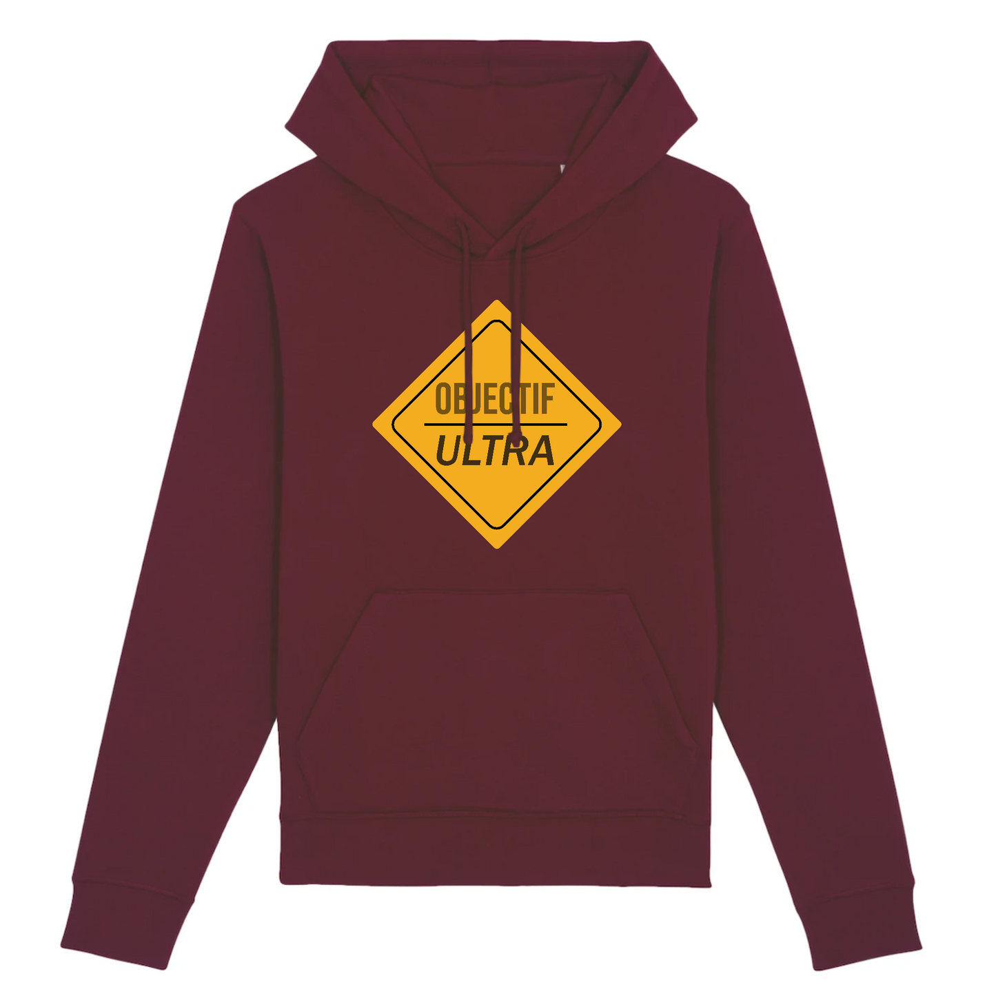 Sweat à capuche unisexe bordeaux Sortie Longue, photo produit face, design Objectif Ultra dans un fanion de balisage, vêtement trail pour départ tôt, attente et retour après effort.