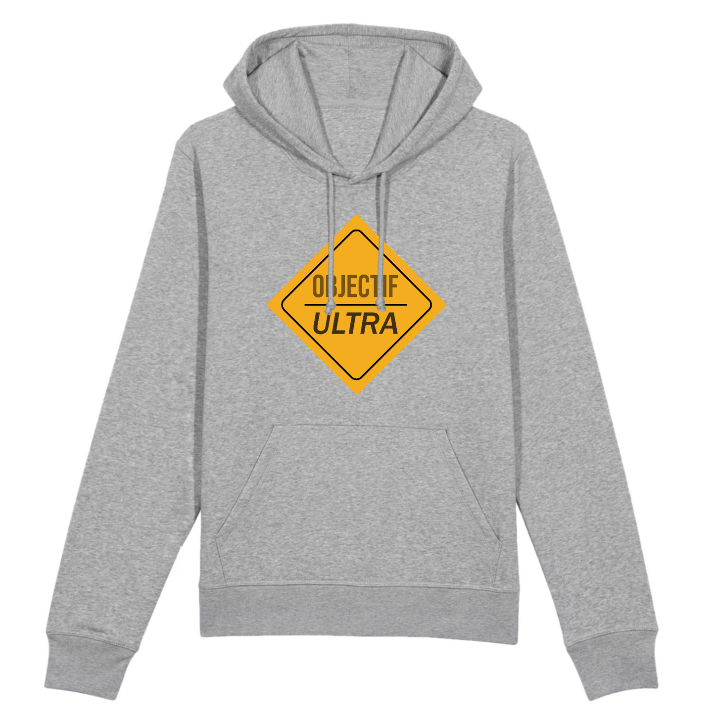 Sweat à capuche unisexe gris chiné Sortie Longue, photo produit vue de face, fanion de balisage jaune avec texte Objectif Ultra, référence à la culture ultra-trail et aux marquages de parcours.
