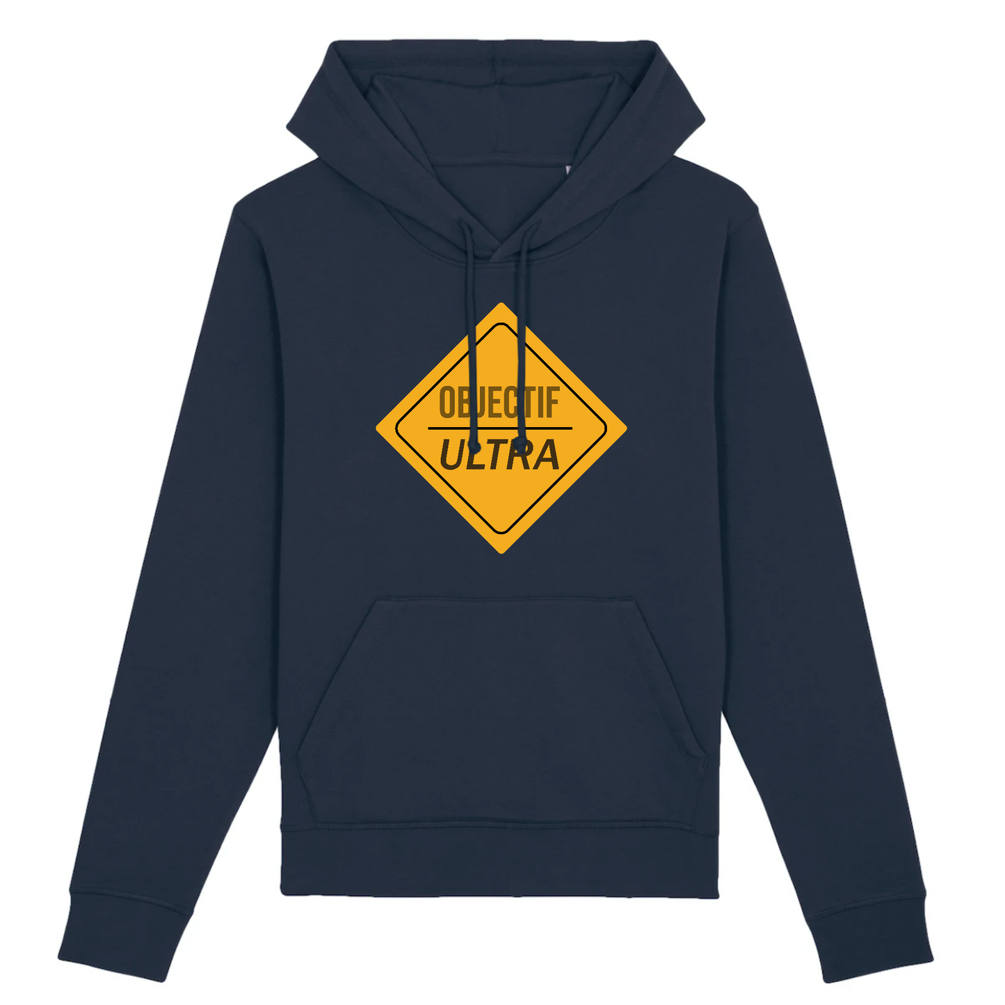 Sweat à capuche unisexe bleu marine Sortie Longue, vue de face, visuel Objectif Ultra sur panneau de balisage jaune, hoodie outdoor pour pauses, trajets et retours quand l’air refroidit.