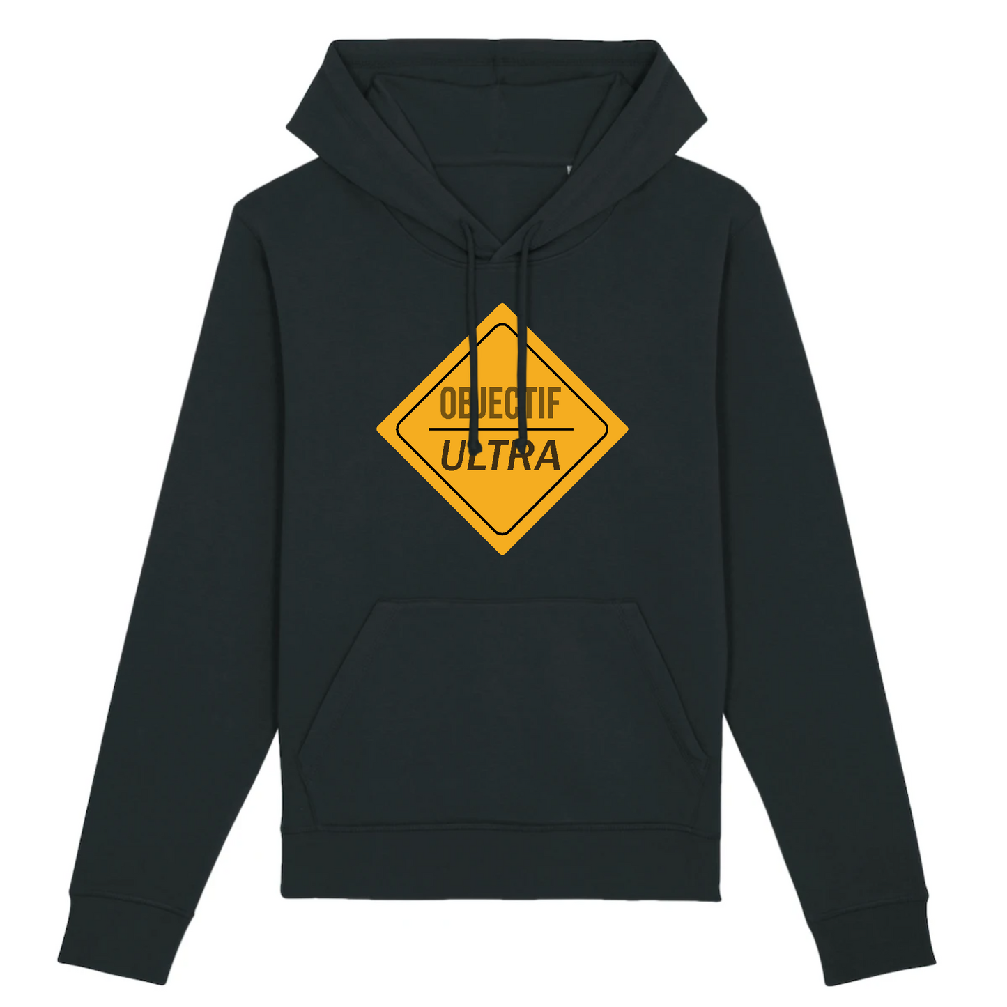 Sweat à capuche unisexe noir Sortie Longue, vue de face, fanion de balisage jaune « Objectif Ultra » imprimé au centre, hoodie lié aux courses nature, aux repères de parcours et aux heures fraîches.