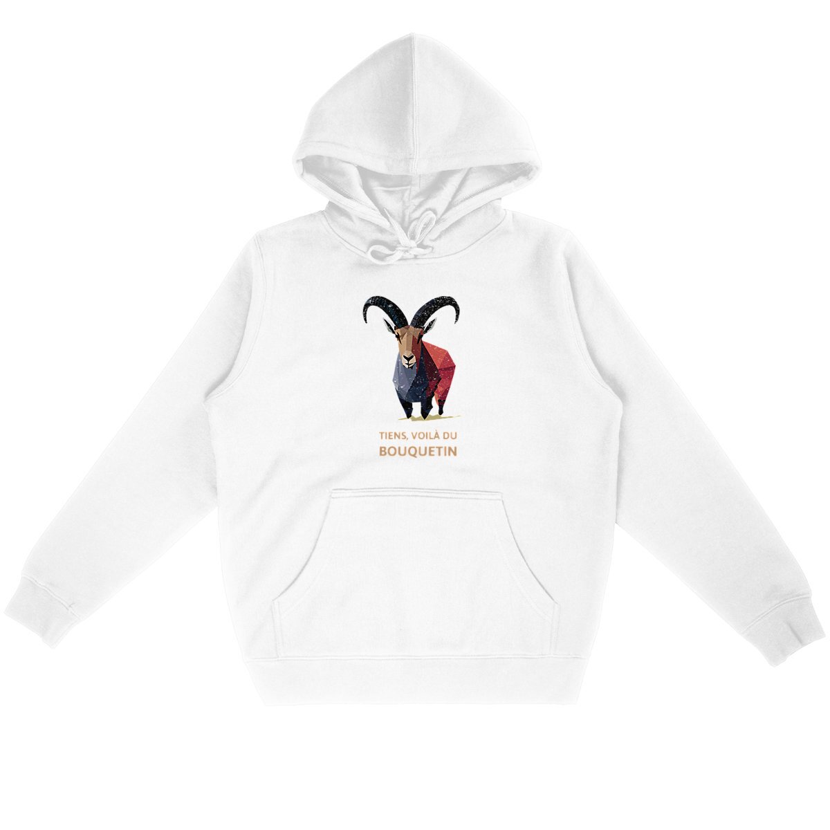 Sweat à capuche unisexe blanc Sortie Longue, vue de face à plat, bouquetin coloré imprimé au centre avec texte “Tiens, voilà du Bouquetin”, clin d’œil montagne et rencontre faune sur sentier.
