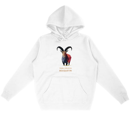 Sweat à capuche unisexe blanc Sortie Longue, vue de face à plat, bouquetin coloré imprimé au centre avec texte “Tiens, voilà du Bouquetin”, clin d’œil montagne et rencontre faune sur sentier.