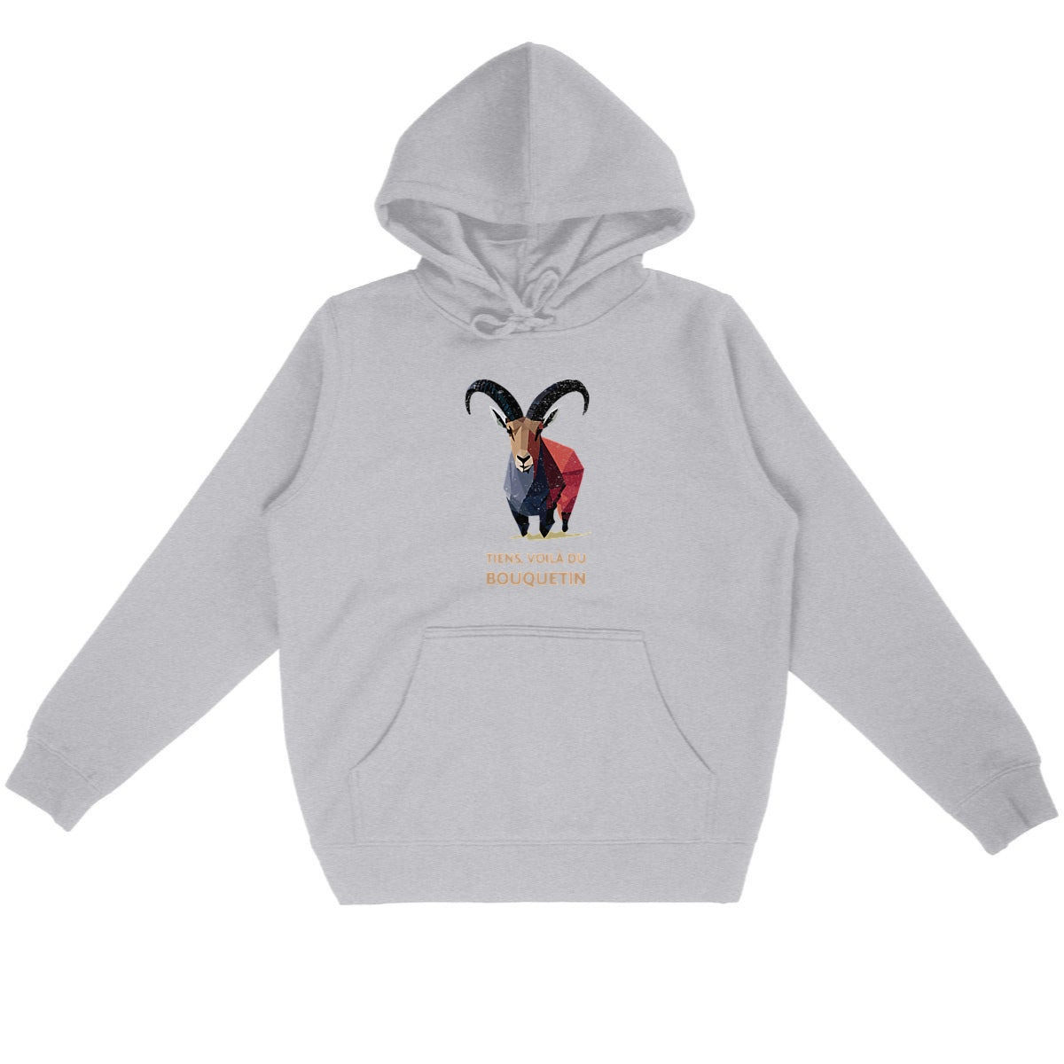 Sweat à capuche unisexe gris Sortie Longue, vue de face à plat, motif bouquetin géométrique en couleurs avec phrase, hoodie sobre pour approche, col et retour quand la température baisse.