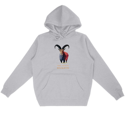 Sweat à capuche unisexe gris Sortie Longue, vue de face à plat, motif bouquetin géométrique en couleurs avec phrase, hoodie sobre pour approche, col et retour quand la température baisse.
