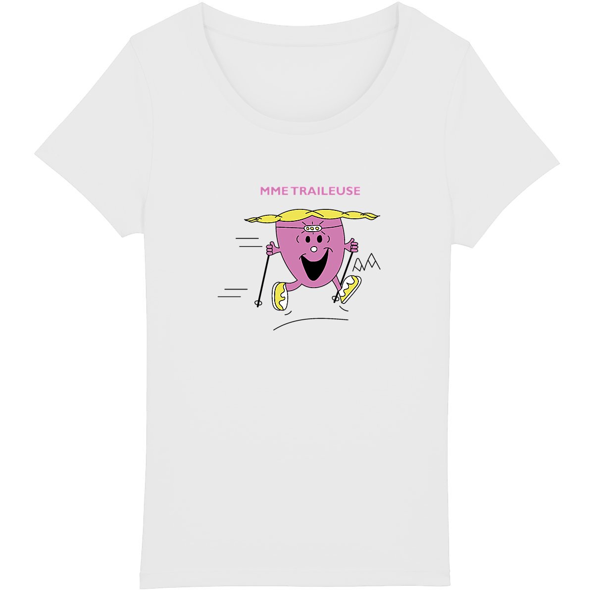 T-shirt femme Sortie Longue blanc, vue de face sur fond clair, impression « Mme Traileuse » centrée, illustration trail féminin, course à pied en montagne.