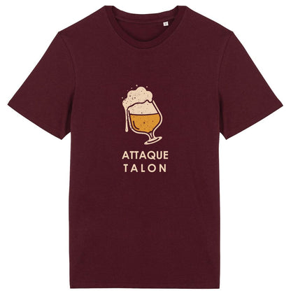 T-shirt Sortie Longue bordeaux, vue de face, design « Attaque Talon » imprimé, verre stylisé incliné; t-shirt unisexe pour ville et quotidien.