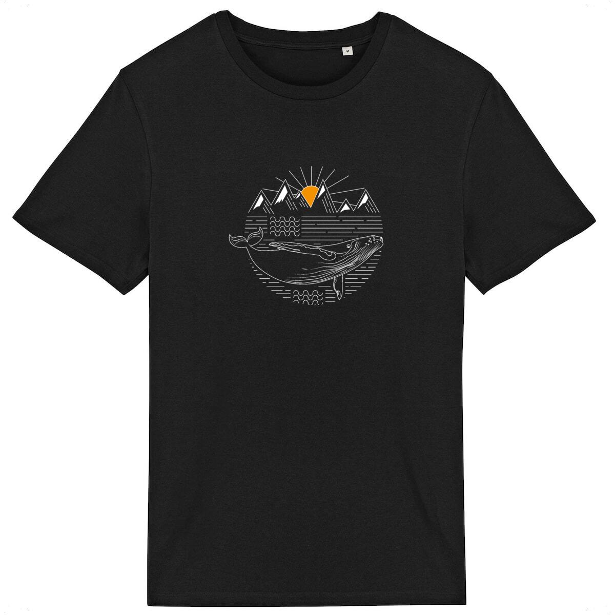 T-shirt Sortie Longue noir, vue de face, impression baleine à bosse sous une ligne de montagnes, design graphique; t-shirt unisexe.