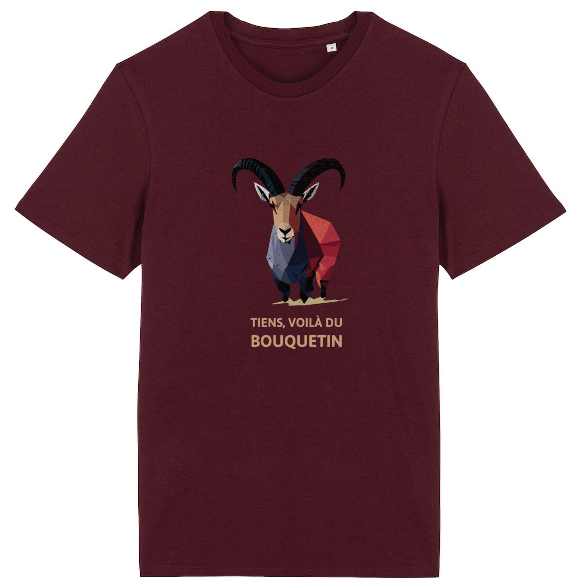 T-shirt Sortie Longue bordeaux, vue de face, impression bouquetin coloré et texte « Tiens, voilà du Bouquetin »; tenue sobre pour dehors, marche et trajets.