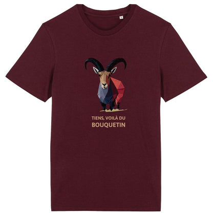 T-shirt Sortie Longue bordeaux, vue de face, impression bouquetin coloré et texte « Tiens, voilà du Bouquetin »; tenue sobre pour dehors, marche et trajets.