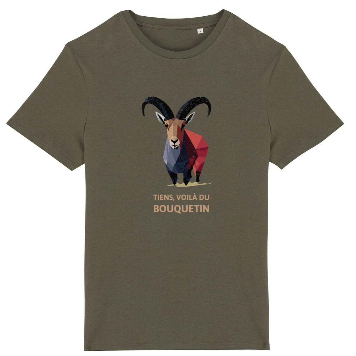 T-shirt Sortie Longue vert kaki, vue de face, design bouquetin imprimé, aplats colorés et phrase; t-shirt unisexe pour marche, déplacements et jours dehors.