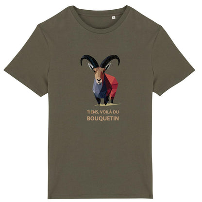 T-shirt Sortie Longue vert kaki, vue de face, design bouquetin imprimé, aplats colorés et phrase; t-shirt unisexe pour marche, déplacements et jours dehors.