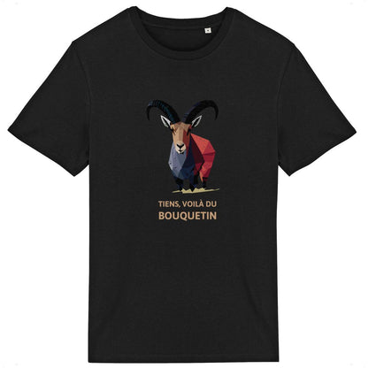 Vue de face t-shirt noir, bouquetin coloré centré, texte « Tiens, voilà du Bouquetin ».