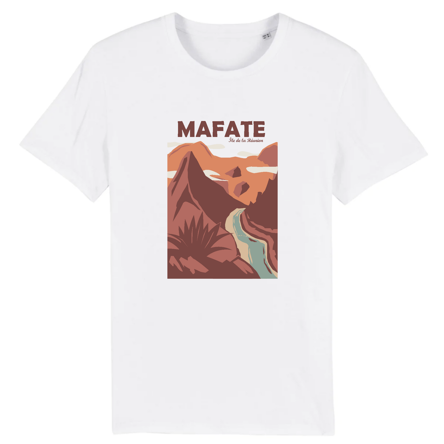 T-shirt Sortie Longue blanc, vue de face, impression Cirque de Mafate centrée, point de vue depuis Dos d’Âne; vêtement pour marche et randonnée.