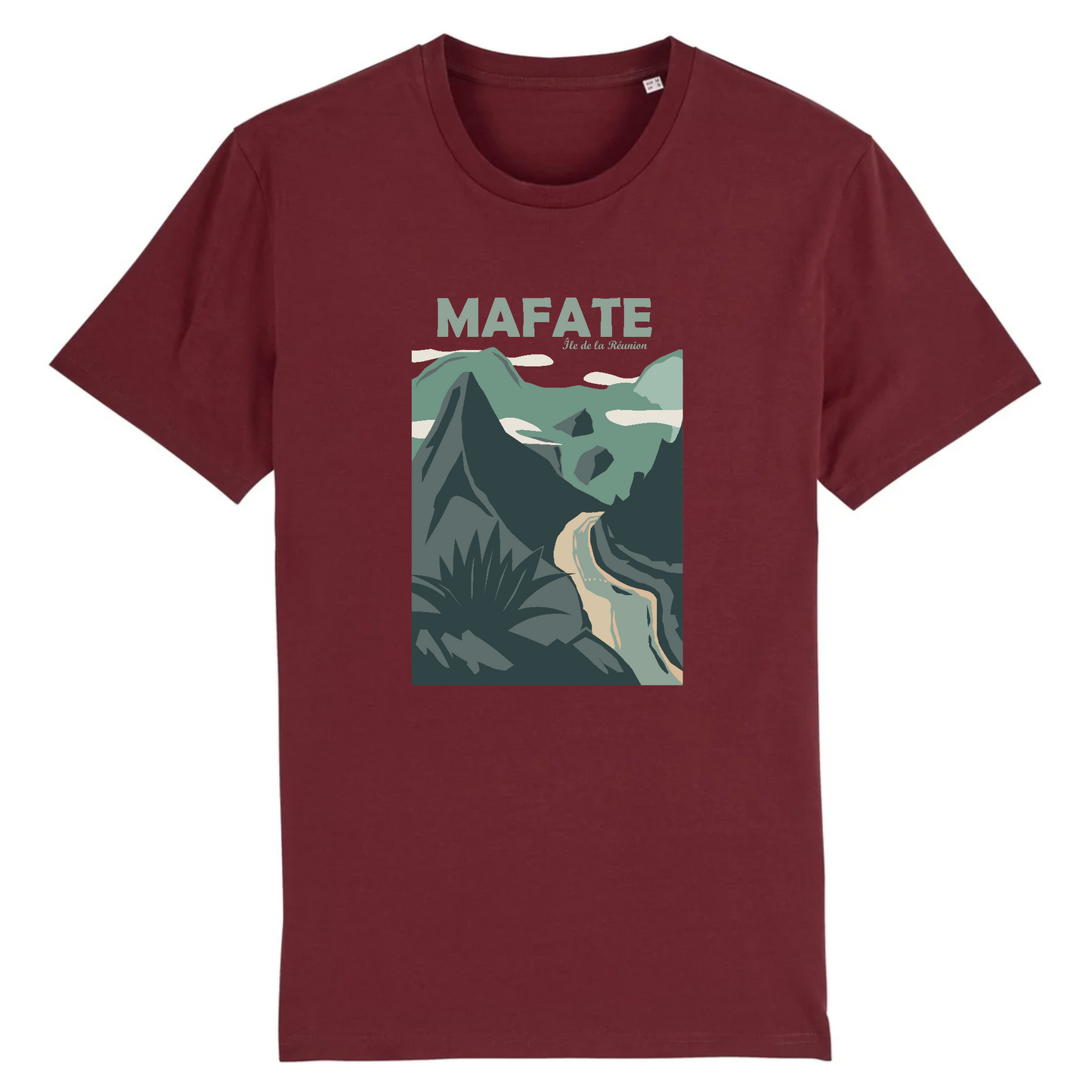 Vue de face t-shirt bordeaux, visuel Mafate centré, style affiche.