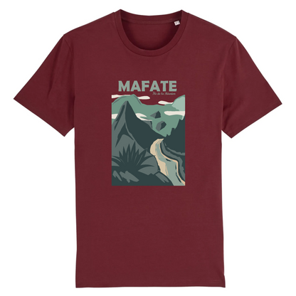 Vue de face t-shirt bordeaux, visuel Mafate centré, style affiche.