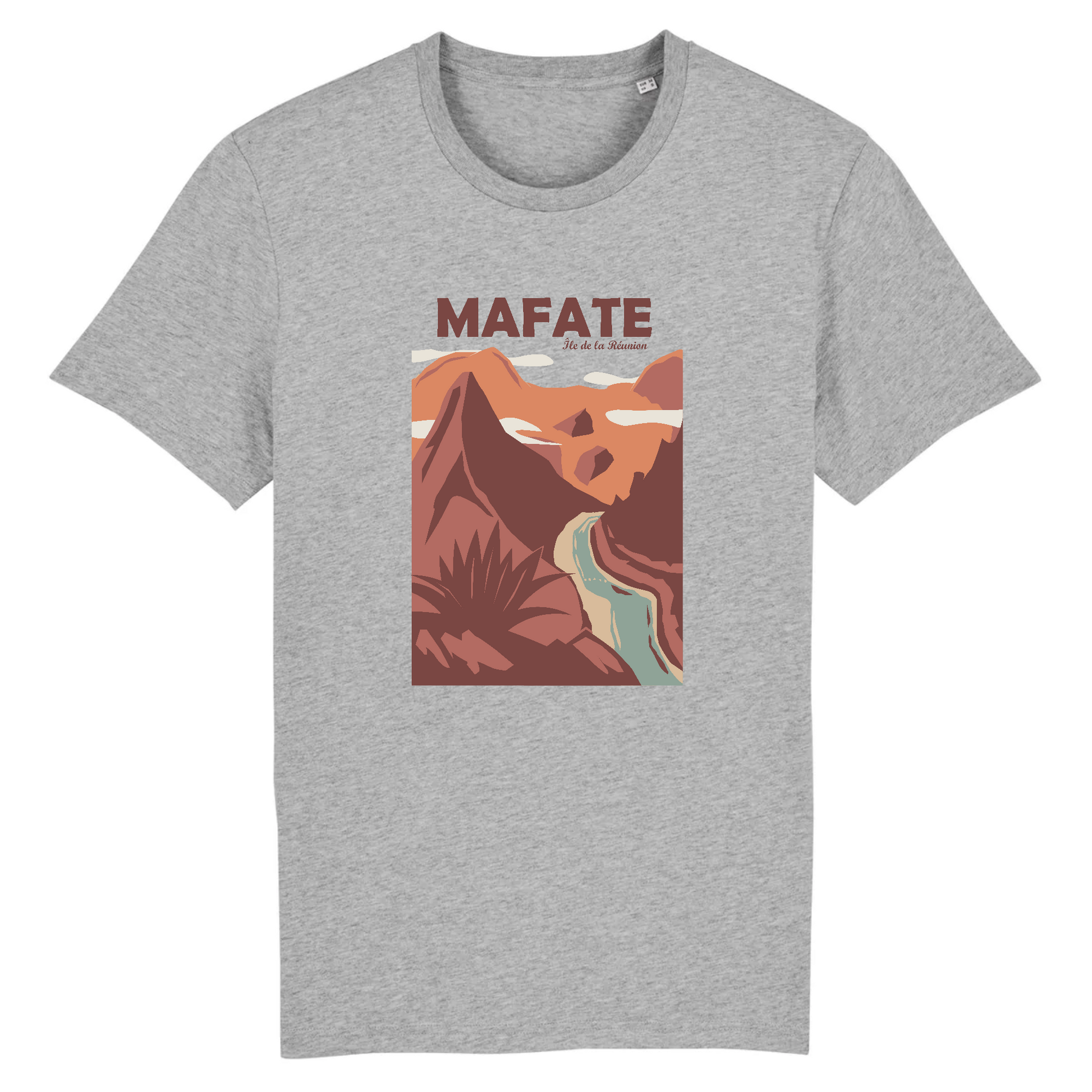 Vue de face t-shirt gris chiné, design Cirque de Mafate centré, relief en plans.
