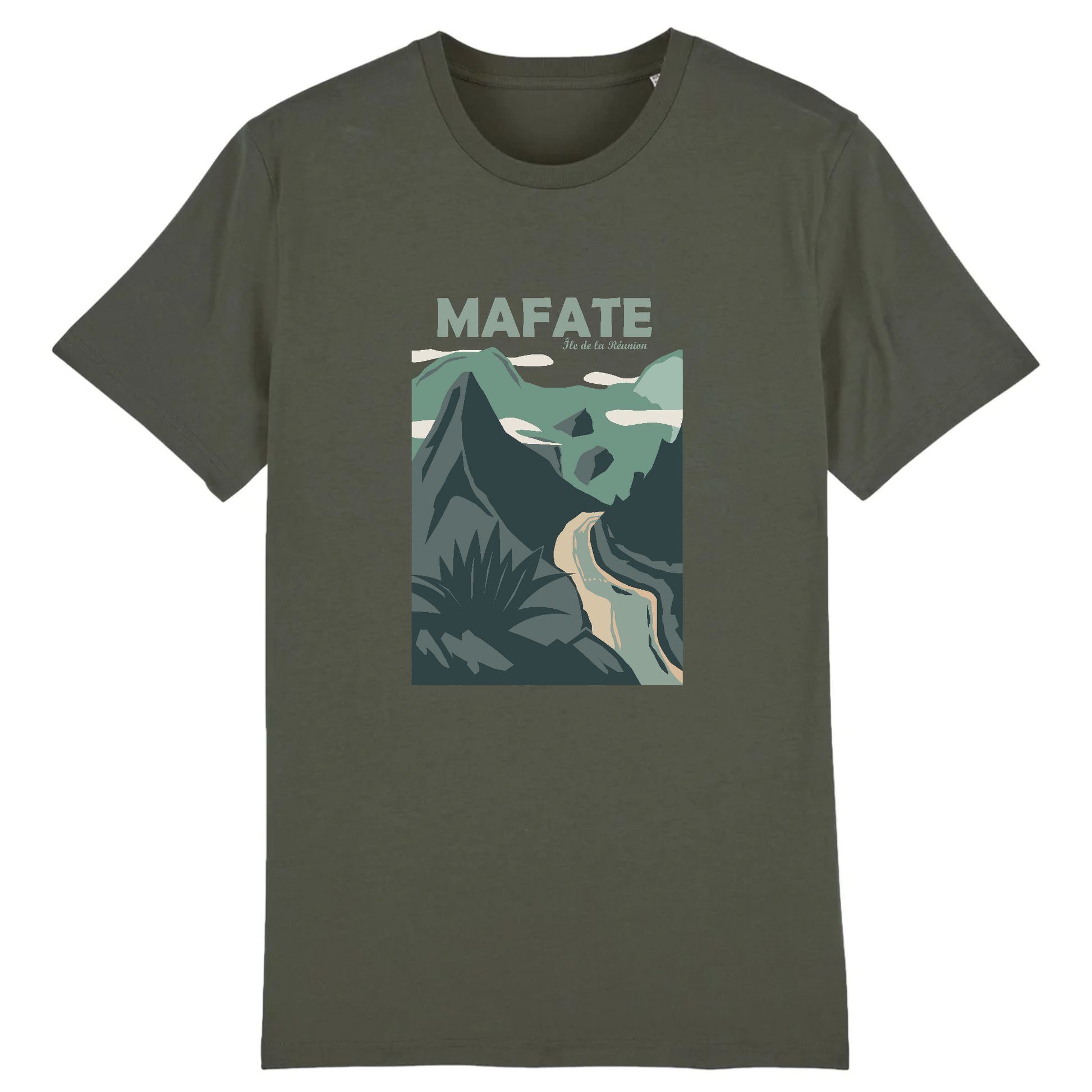 T-shirt Sortie Longue vert kaki, vue de face, design Mafate imprimé, cirque et remparts; tenue outdoor pour trajets et jours sans séance.