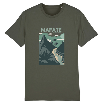 T-shirt Sortie Longue vert kaki, vue de face, design Mafate imprimé, cirque et remparts; tenue outdoor pour trajets et jours sans séance.