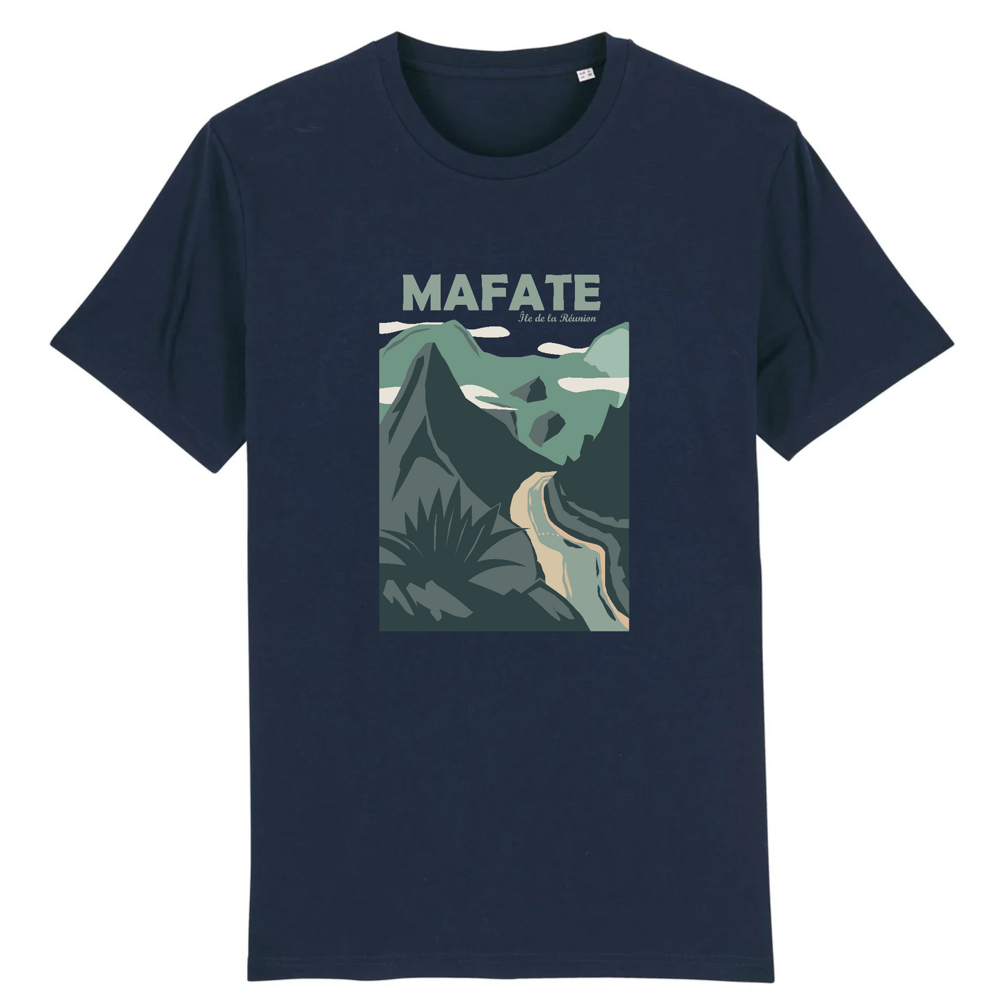 T-shirt Sortie Longue bleu marine, vue de face, motif Cirque de Mafate, vue Dos d’Âne; tenue pour randonnée, marche et déplacements.