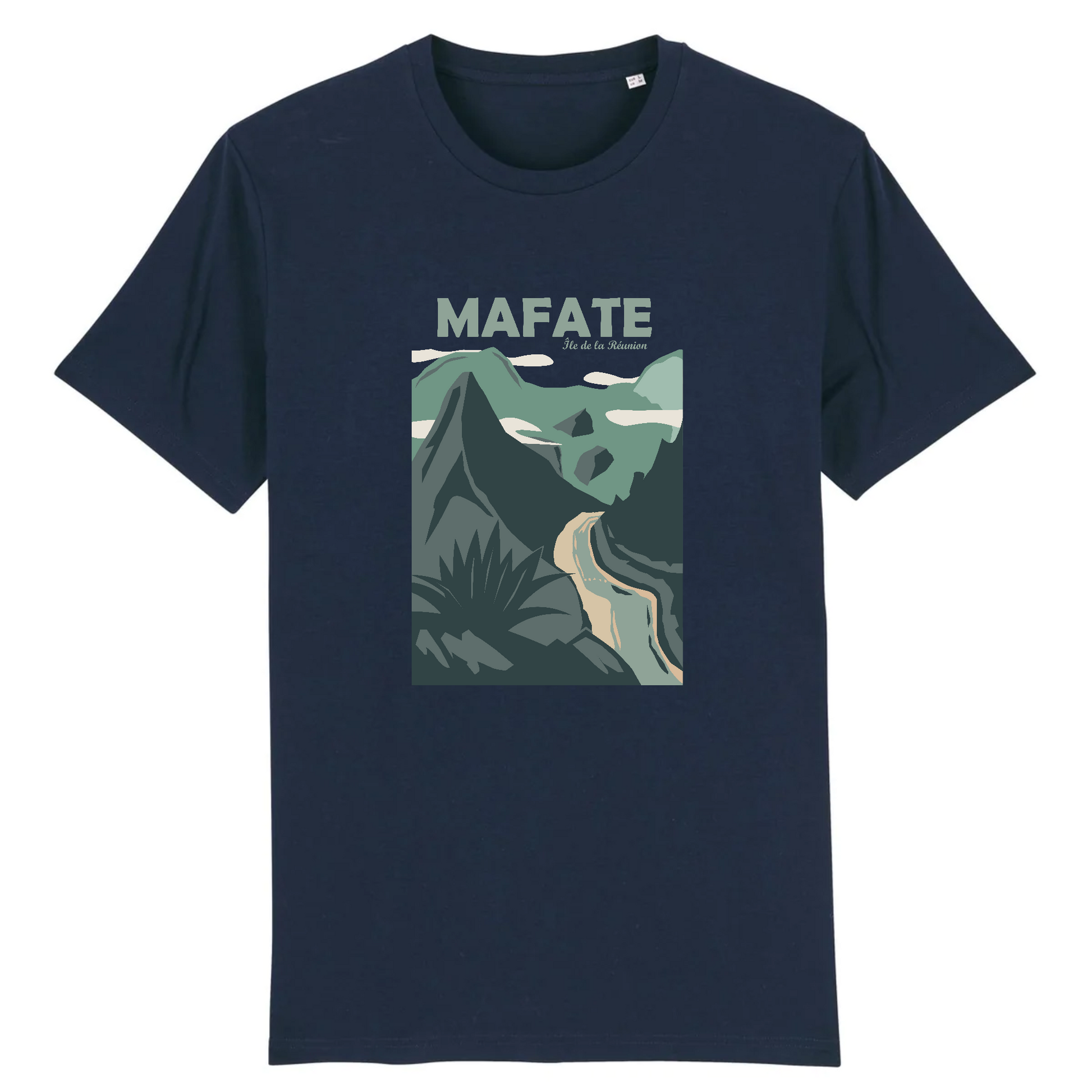 T-shirt Sortie Longue bleu marine, vue de face, motif Cirque de Mafate, vue Dos d’Âne; tenue pour randonnée, marche et déplacements.