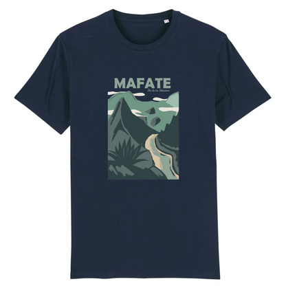 T-shirt Sortie Longue bleu marine, vue de face, motif Cirque de Mafate, vue Dos d’Âne; tenue pour randonnée, marche et déplacements.