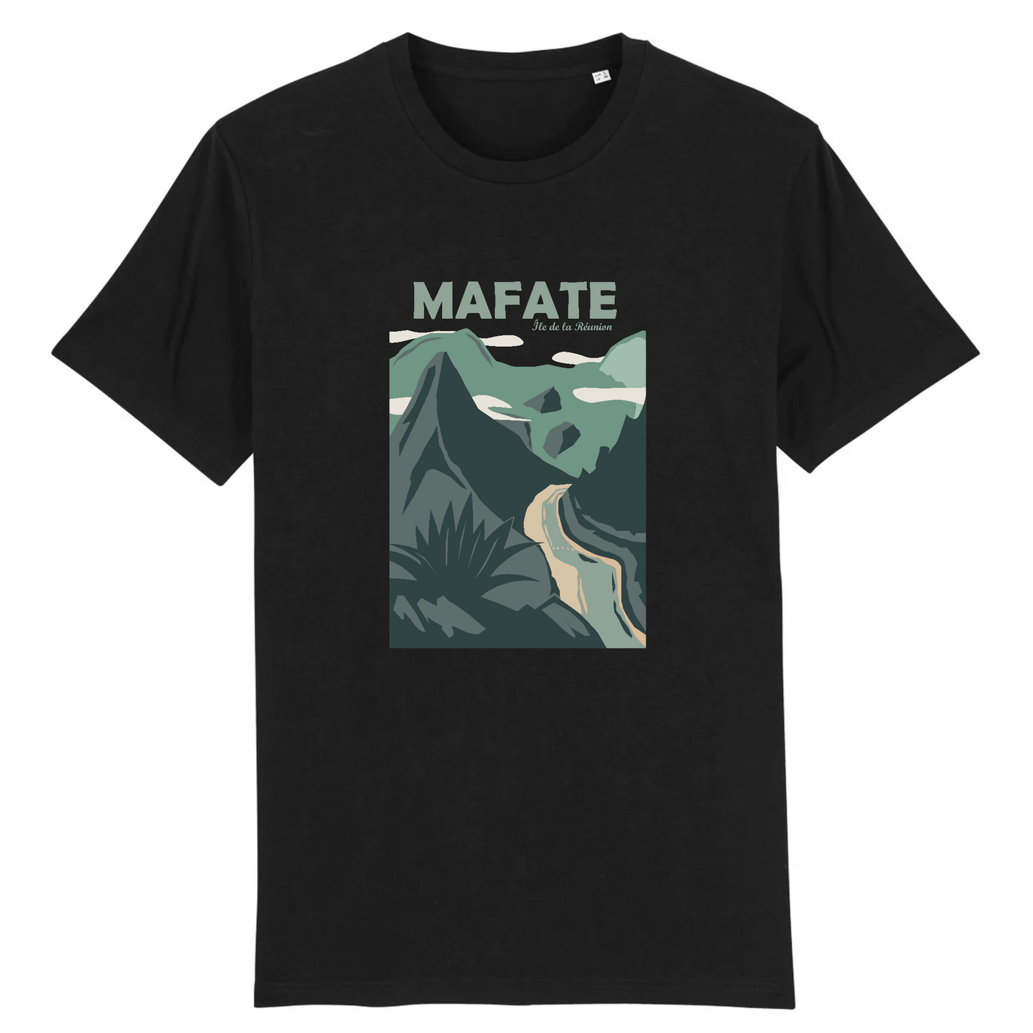 Vue de face t-shirt noir, motif Mafate centré, relief et végétation stylisés.